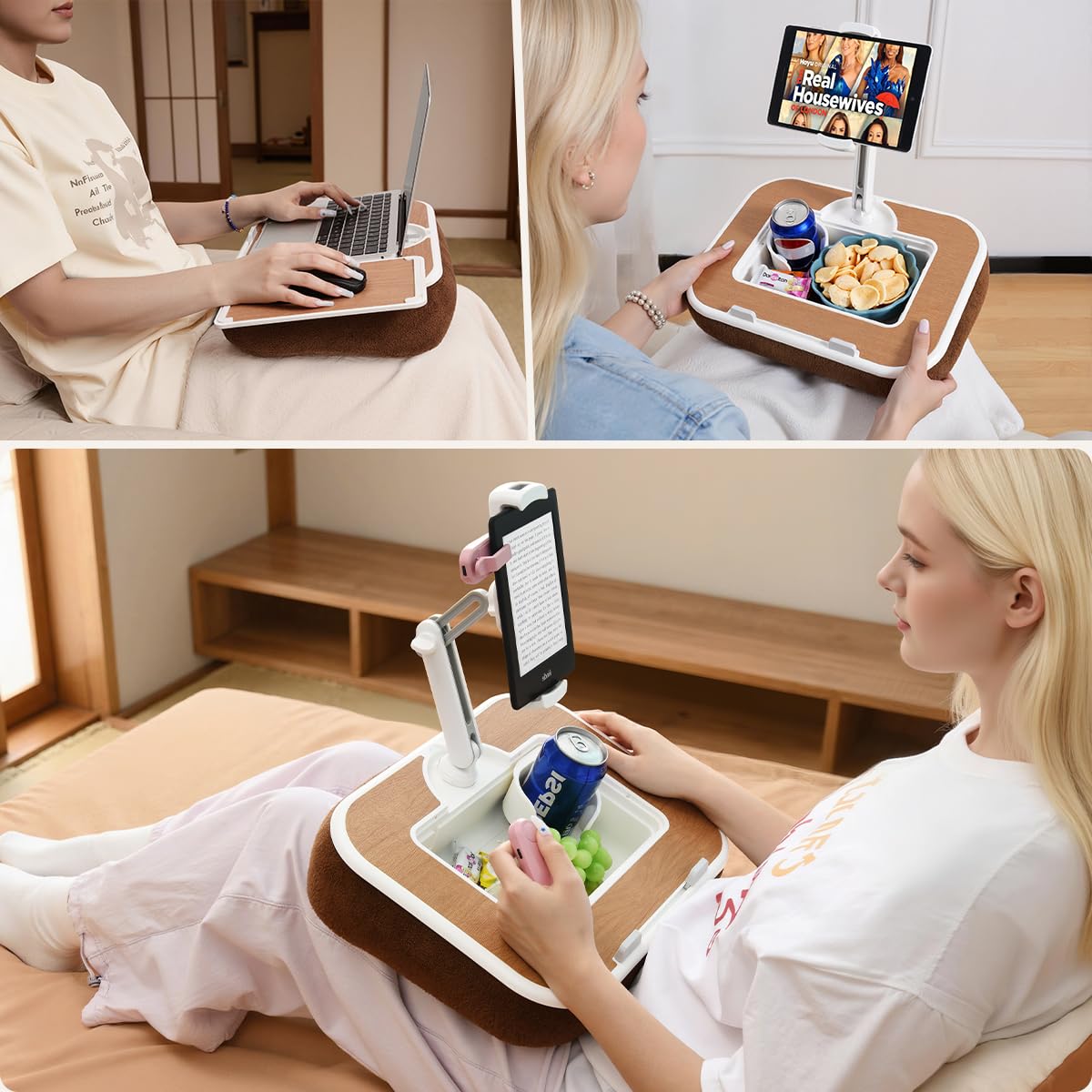 Tablet Pillow Stand,Phone Holder for Bed,Laptop Lap Desk with Snack Bowl,360° Rotating Clip Compatible with 4.7-13" iPad/Kindle/Phone,11-15" Laptop,Hands-Free Reading and Relaxation on Bed(): Wood Grain