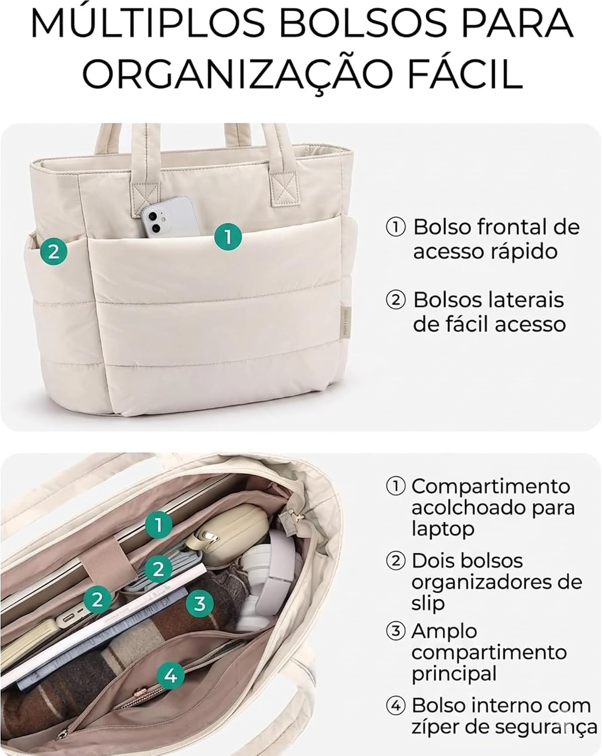 Bolsa Tote Puffer Feminina, Grande e Leve, com Compartimento para Notebook 15,6" e Vários Bolsos – Estilo Minimalista para Trabalho, Faculdade, Academia e Viagem de Mão Bolsa Tote Puffer Feminina, Grande e Leve, com Compartimento para Notebook 15,6" e Vários Bolsos – Estilo Minimalista para Trabalho, Faculdade, Academia e Viagem de Mão