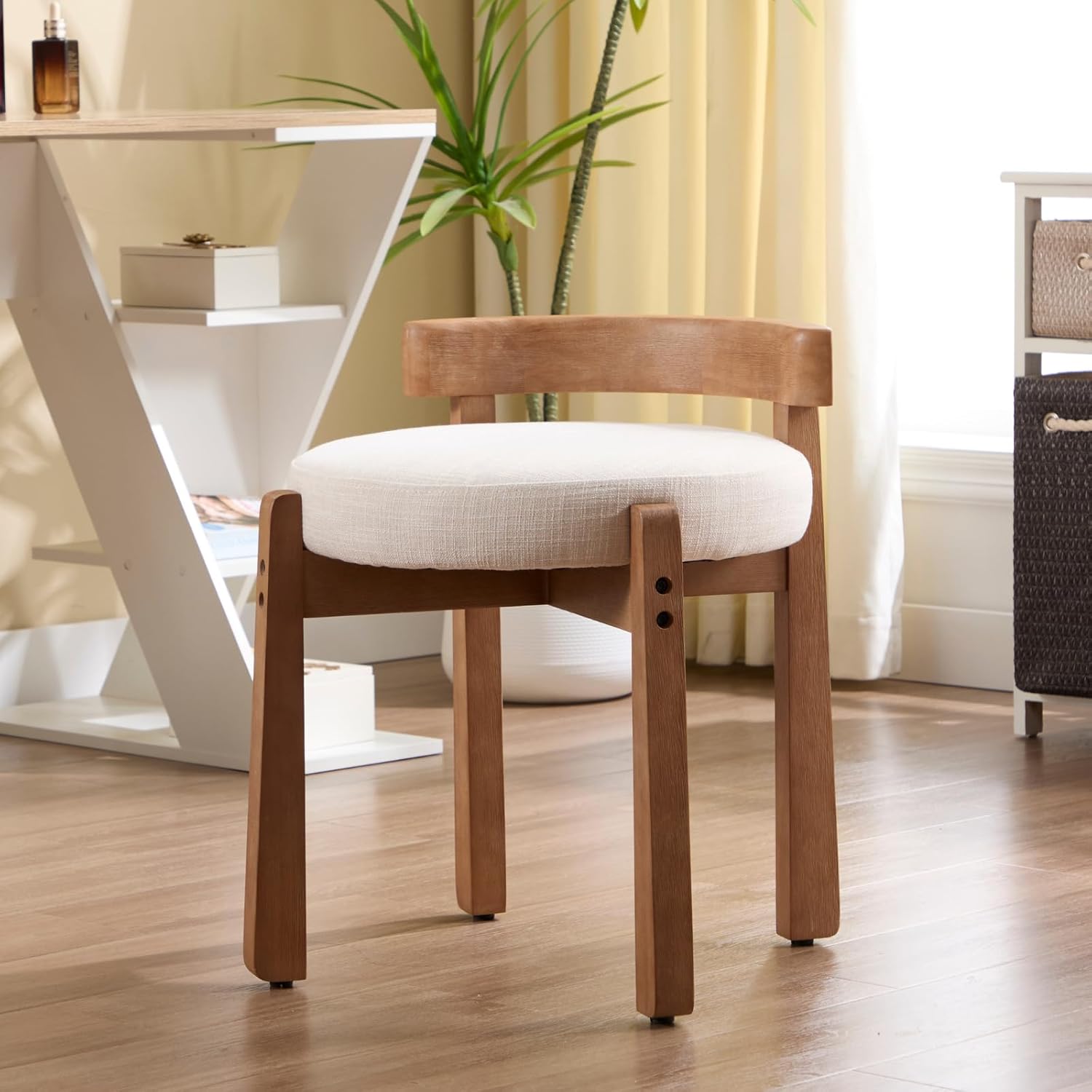 Ya-Home Modern Upholstered Vanity Chair Ottoman - Linen Fabric Makeup Stool with Backrest, Wooden Frame Footstool for Bedroom Bathroom, Beige