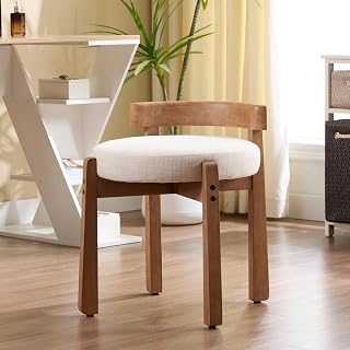 Ya-Home Modern Upholstered Vanity Chair Ottoman - Linen Fabric Makeup Stool with Backrest, Wooden Frame Footstool for Bedroom Bathroom, Beige