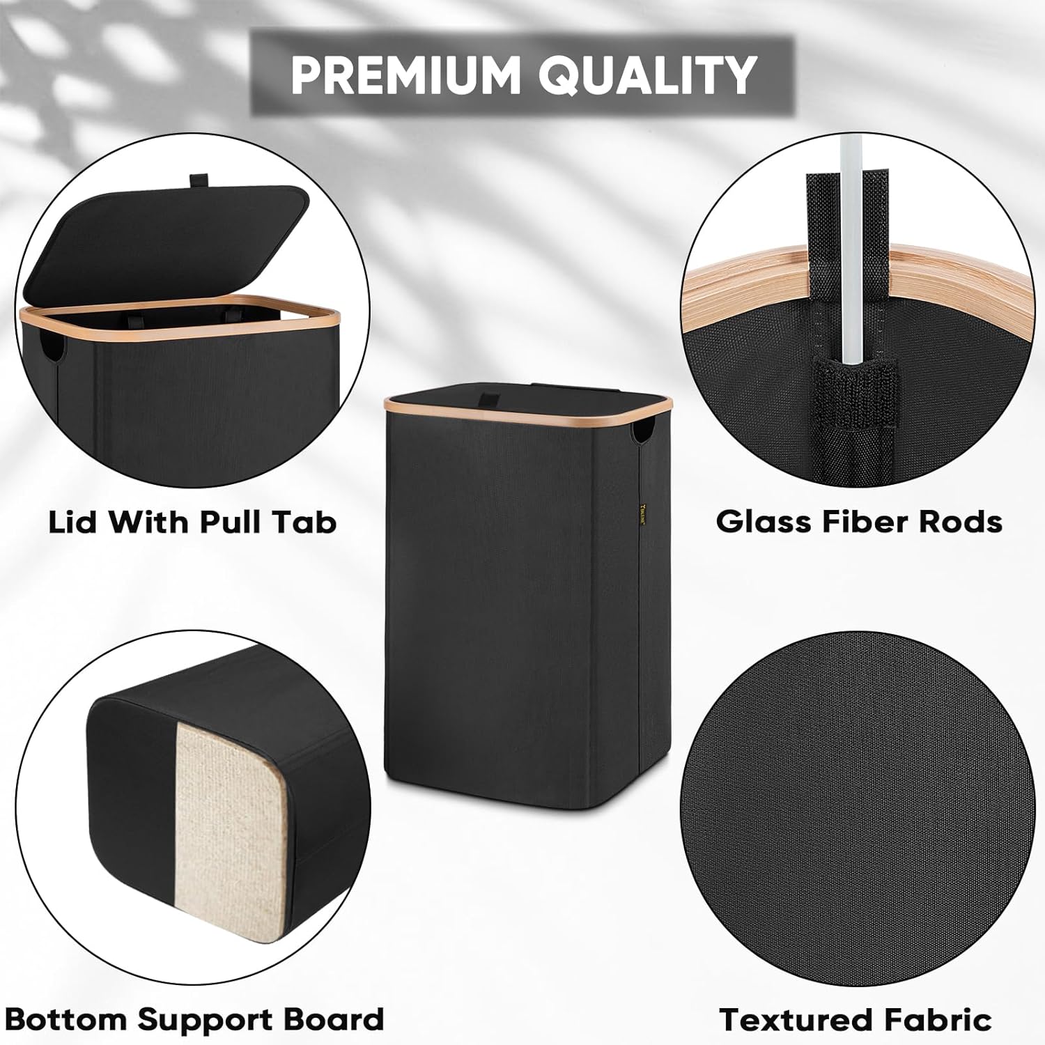 BALEINE Laundry Hamper with Lid, Tall Laundry Baskets with Bamboo Pull Handles, Large Laundry Bin with Internal Support (26Gal/100L, Carbon Black)