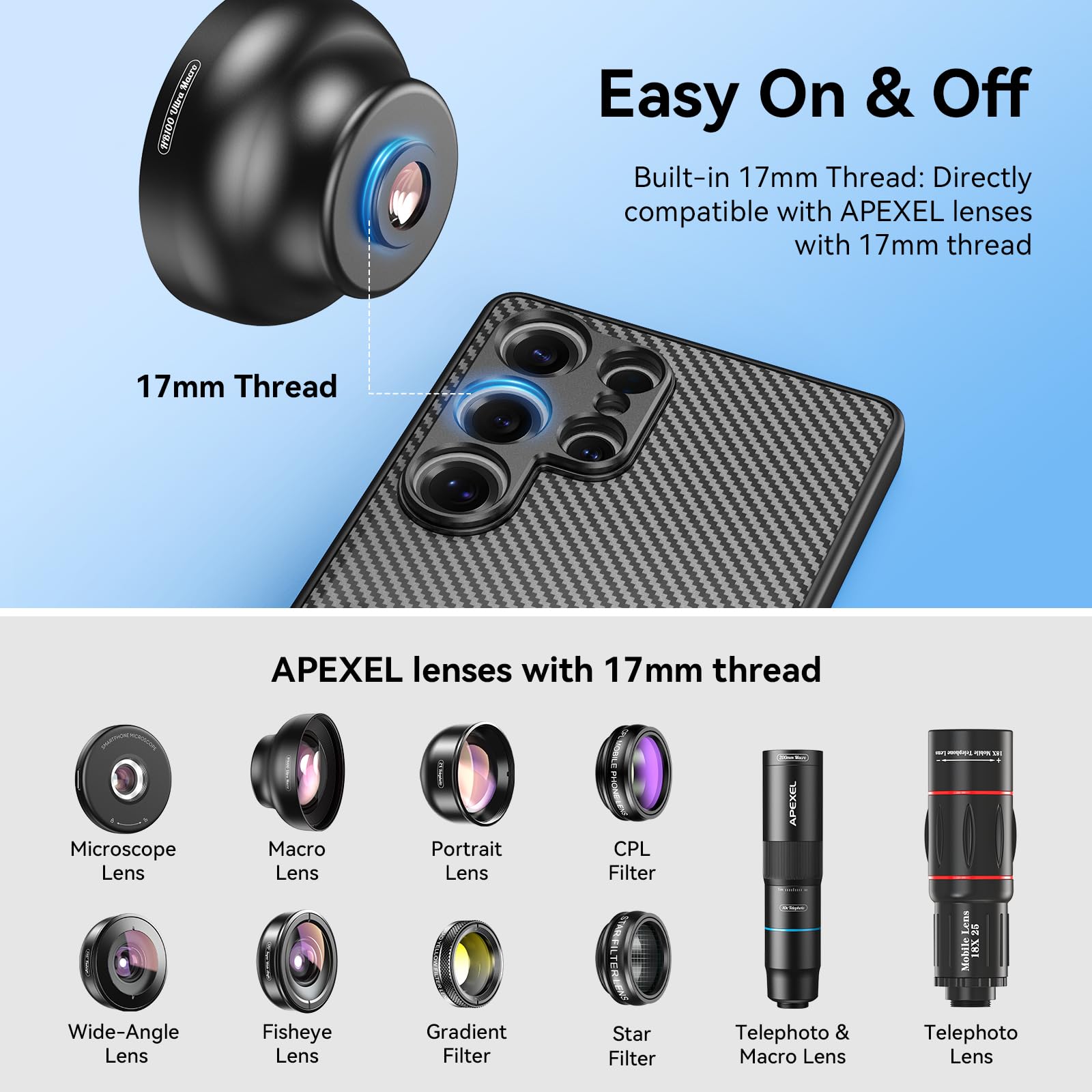 APEXEL Funda para Teléfono con Lente Roscada de 17 mm Compatible con Samsung Galaxy S25 Ultra, Compatible con Todos los Teleobjetivos y Lentes Macro, Paso de Rosca 0,75 mm, Negro