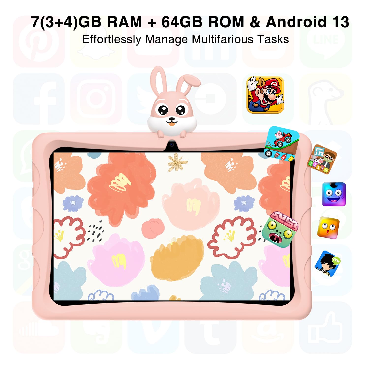 DOOGEE Tablet Bambini, U9 KID Tablet per Bambini 10 Pollici, 7GB RAM 64GB ROM(1TB/TF), Android 13/WiFi 6/BT5.0/TÜV SÜD Rheinland/Widevine L1/5MP, Custodia Protettiva in Silicone - Rosa