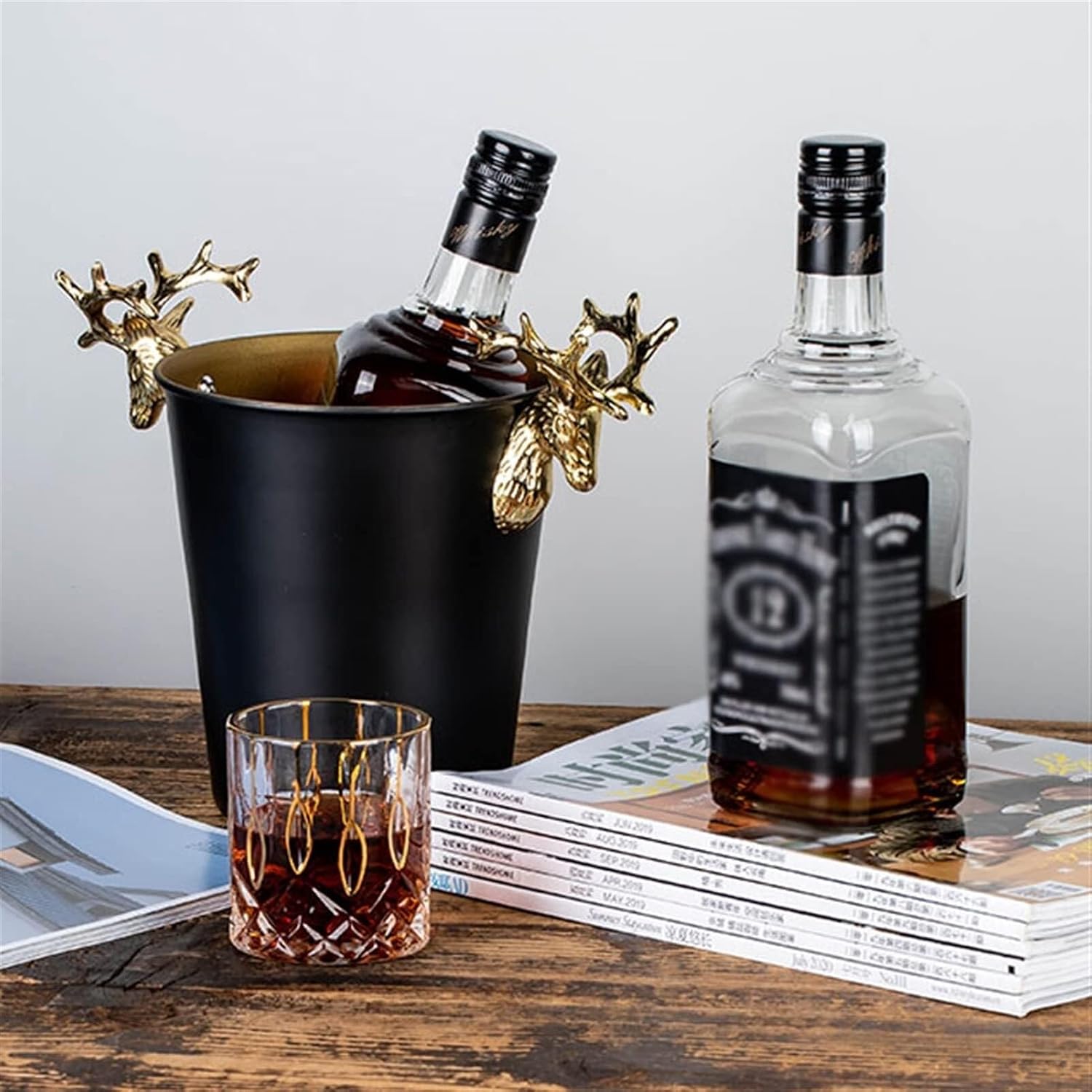 Gold Antler Handle Stainless Steel Ice Bucket – Champagne, Wine Cooler for Home & Bar