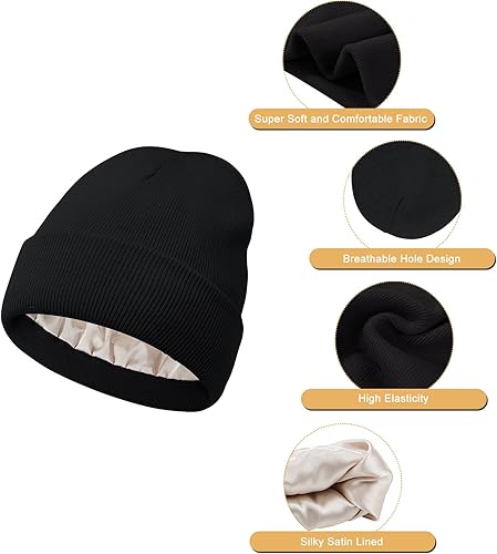 Miniatura 4 de Komorebi Gorro holgado con forro de satén para mujer, gorro de punto de invierno cálido con puños