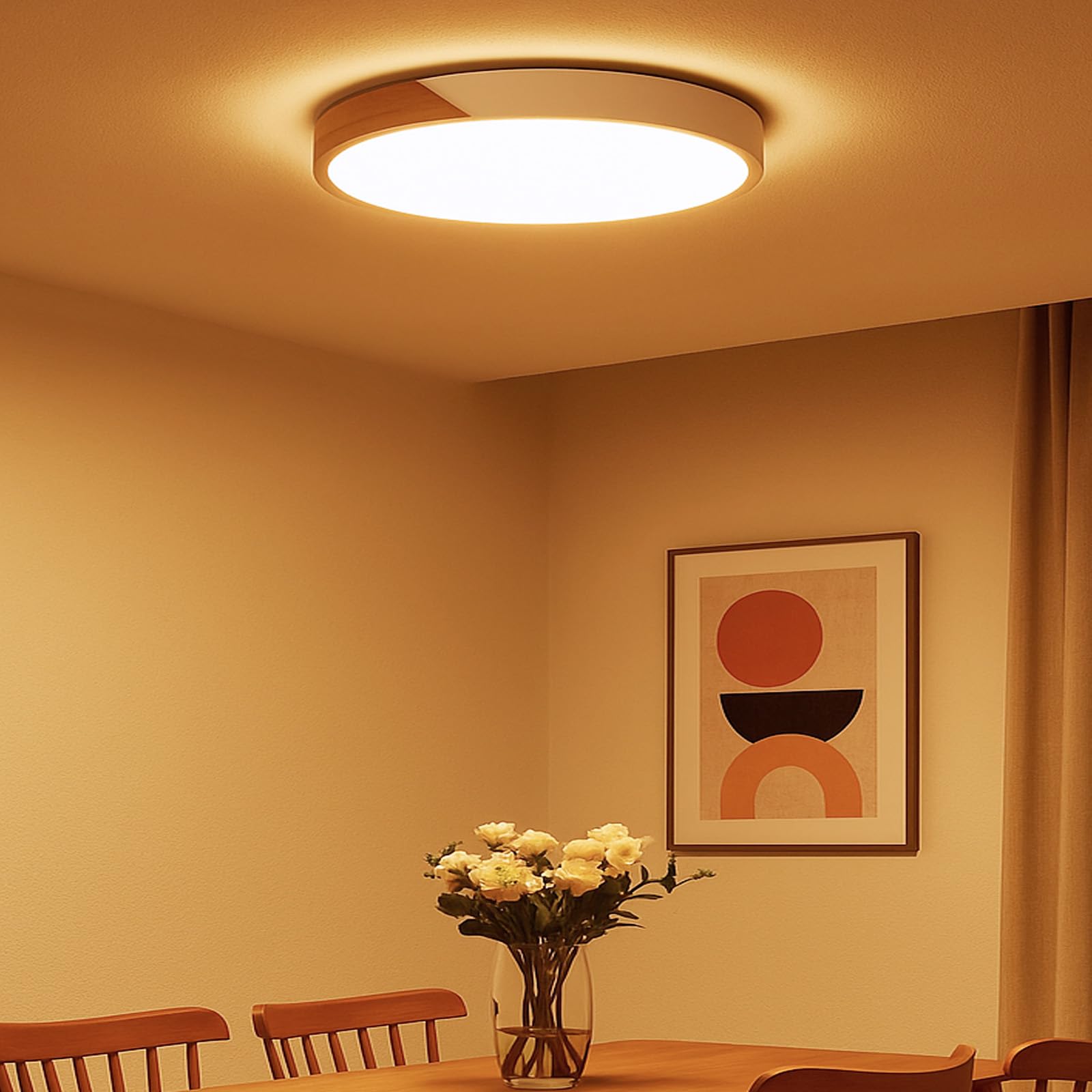 Alpinaluz Plafón LED de Techo Ø50 cm – Metal Blanco y Madera Natural – 40W con Luz Regulable CCT (3000K/4000K/6000K) – Estilo Nórdico Moderno para Salón, Comedor o Dormitorio