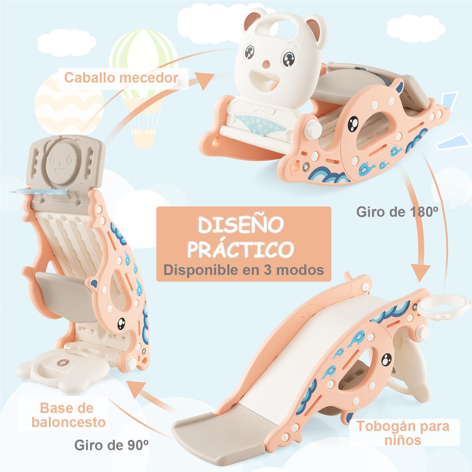 COSTWAY Tobogán Infantil Plegable 4 en 1, Tobogán para Niños con Canasta de Baloncesto y Escalera, Tobogán Multifuncional para Niños con Anillos, Caballo Balancín para Niños (Rosa, Oso)