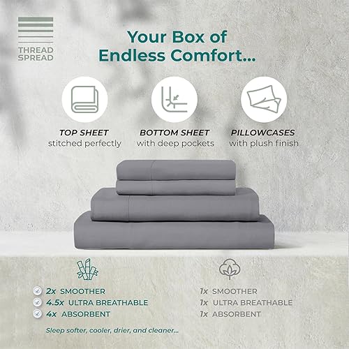 Miniatura 5 de THREAD SPREAD Sábanas de viscosa de bambú, juego de 3 piezas, sábanas para cama de tamaño individual, con sábana bajera de bolsillo profundo,