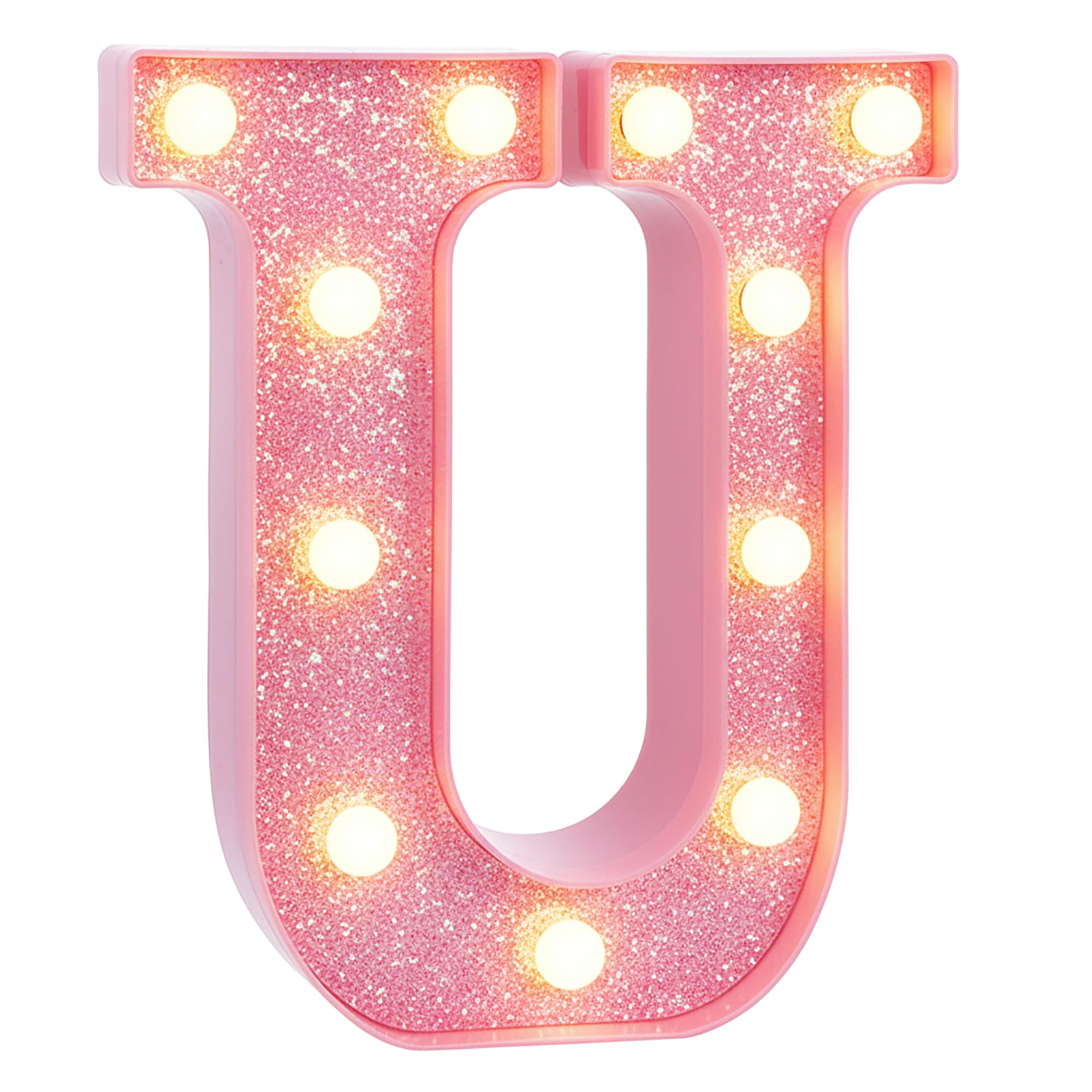 EUFONY Pink Marquee Light Up Letters, Glitter Alphabet LED Letter Lights for Pink Birthday Party Decorations, Battery Operated Letter Sign for Girls Room Vanity Table Decor, Warm White Lights Letter U