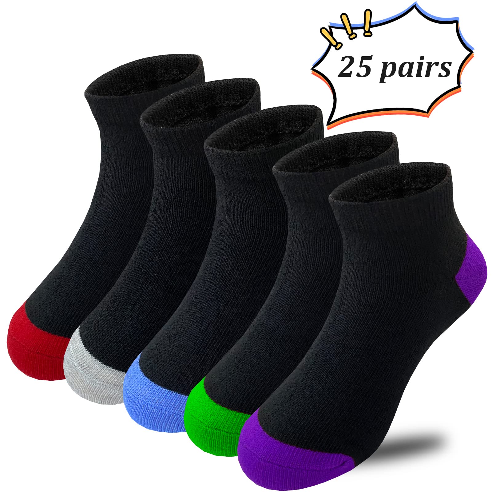Calcetines deportivos para niños, 25 pares, calcetines atléticos de tobillo medio cojín de corte bajo
