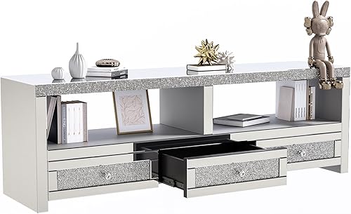 Miniatura 8 de COSVALVE Soporte de TV plateado con espejo para televisores de hasta 65 pulgadas, soporte de TV LED, centro de entretenimiento moderno con cajones y