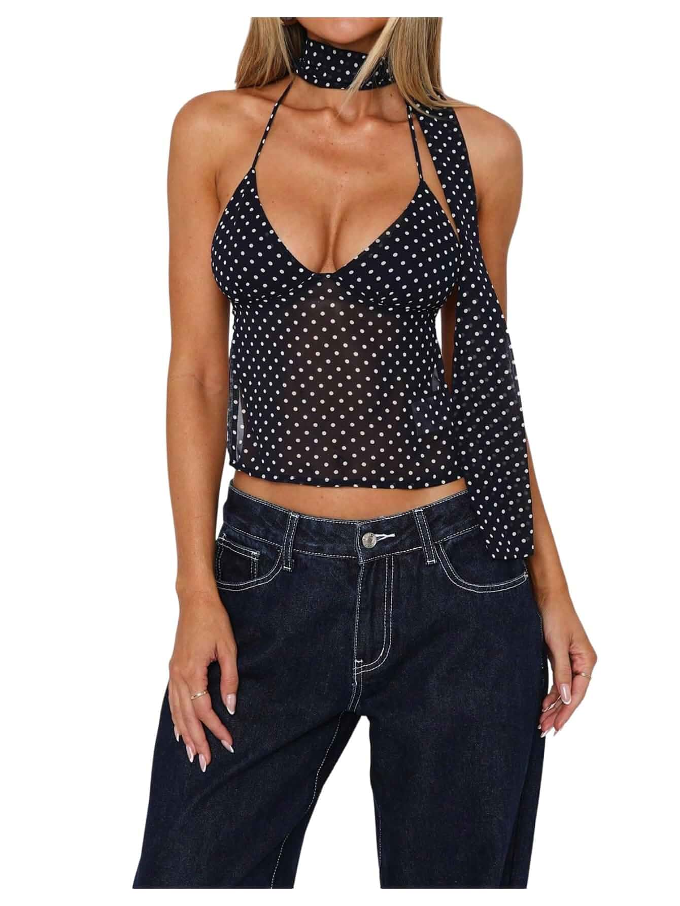 SOLY HUX Women's Polka Dots Halter Tops Y2k Sleeveless Tie Backless Cami Tops with Scarf Going Out Clubwear Sleeveless