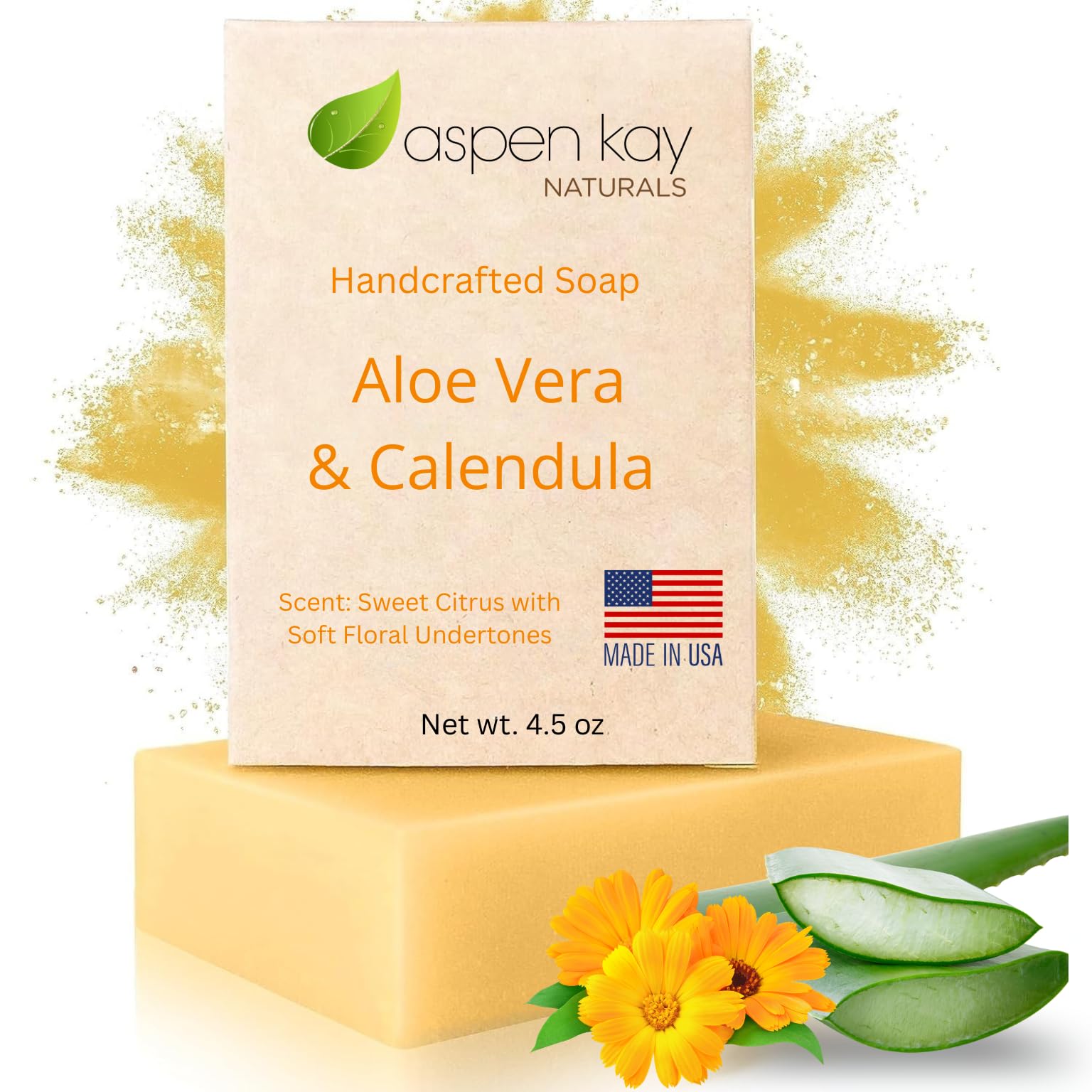 Aspen Kay Naturals Aloe Vera & Calendula Soap, Natural & Organic Ingredients, Organic Aloe Vera, Calendula & Turmeric Soap. Use for Face & Body. for Men, Women & Teens. Gentle Face Wash. 4.5 oz Bar