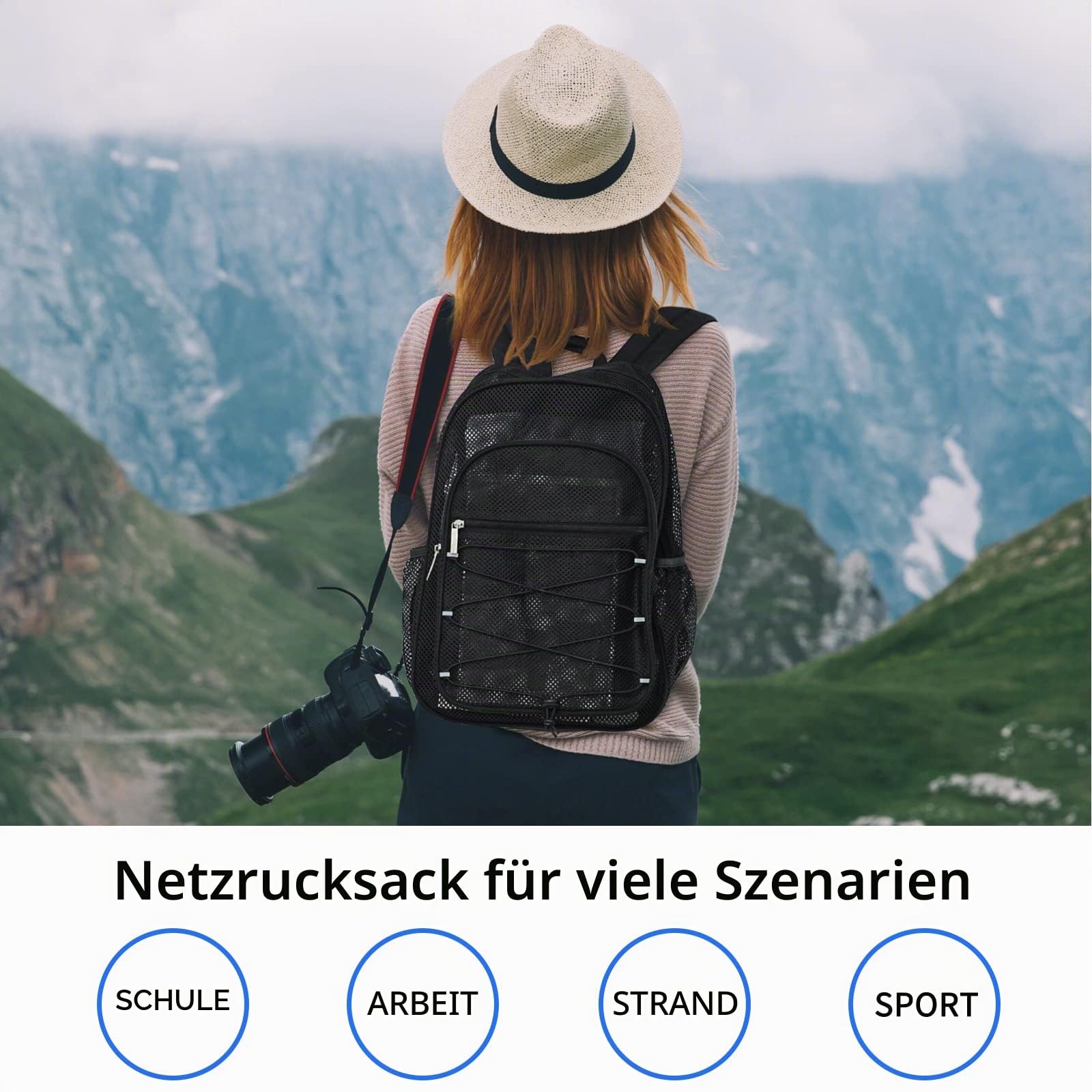 TINYAT Netz-Rucksack für Damen und Herren, strapazierfähig, durchsichtig, transparent, für Strand, Reisen, Fitnessstudio, Schwimmen, Schwarz/8010