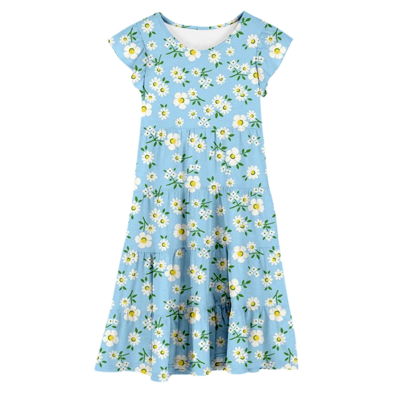 Robe été Enfant Fille 6-15 Ans sans Manches à Volants Imprimé Fleur Robe Ado Fille Chic et Elegant Legere Fluide Fashion Casual Confortable Soirée Vacances Dress