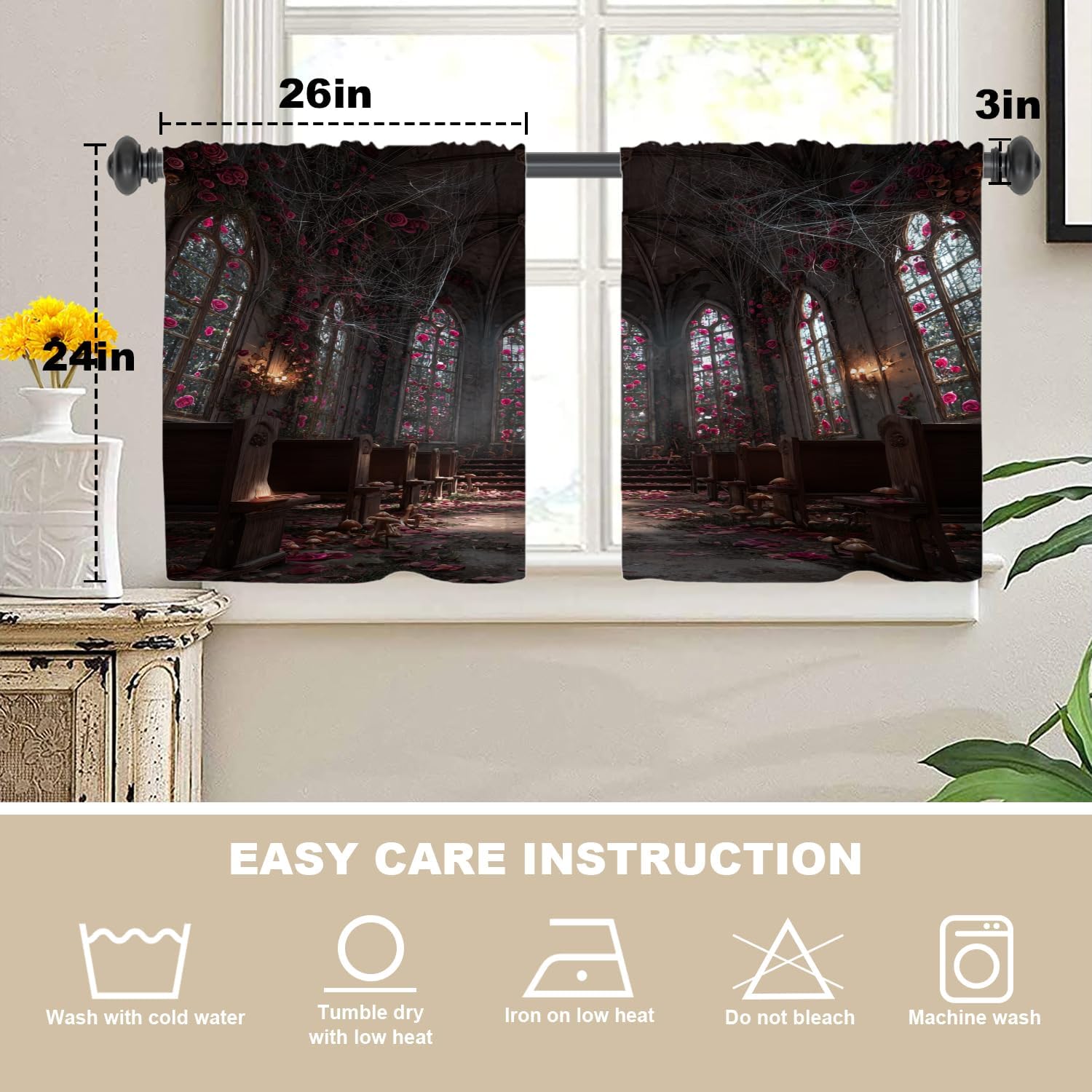 Abandoned Chapel Stained Glass Roses Spider Silk Cafe Curtains,Abandoned Chapel Broken Pews Mushrooms Blackout Tier Curtain Multilayer Polyester Short Kitchen Drapes 2 Pack 26X24 Inches