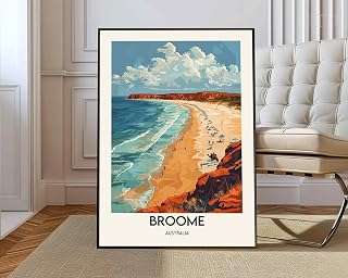 Broome Australia Travel Poster Wall Art Print featuring a vibrant beach scene with turquoise water, golden sand, and dramatic red cliffs for home decor