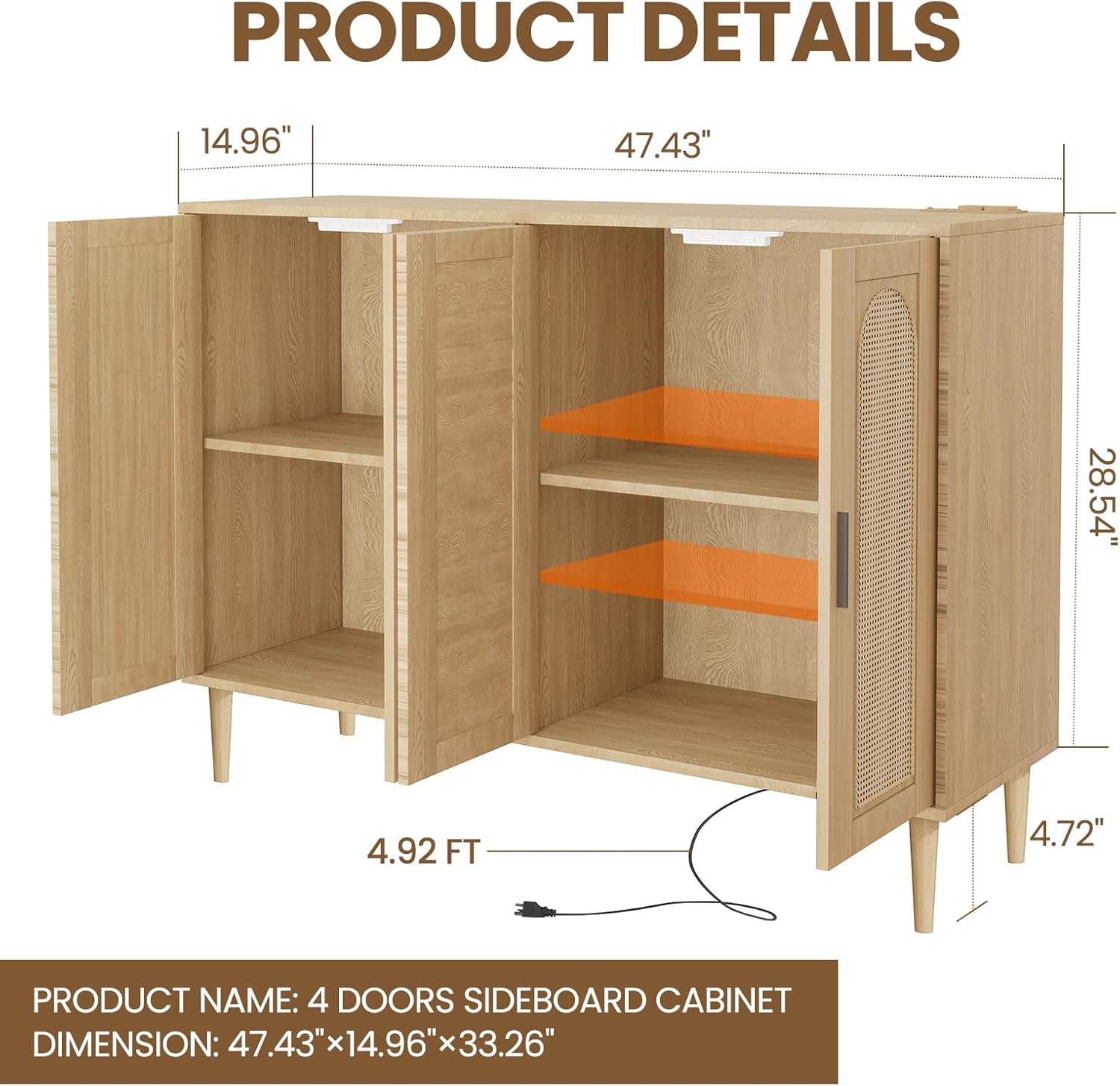 Rattan Sideboard Buffet Cabinet, Boho Accent Storage Cabinet, 4 Doors Console Table Coffee Bar with Power Outlet, Adjustable Shelves for Kitchen, Dining Room, Hallway, Living Room