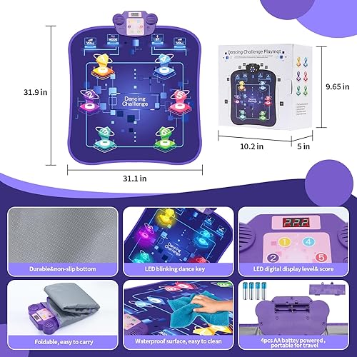 Miniatura 7 de Tapete de baile para niños de 3 a 12 años, tapete de baile musical iluminado con Bluetooth, 5 modos, 3 niveles de desafío, modo de batería