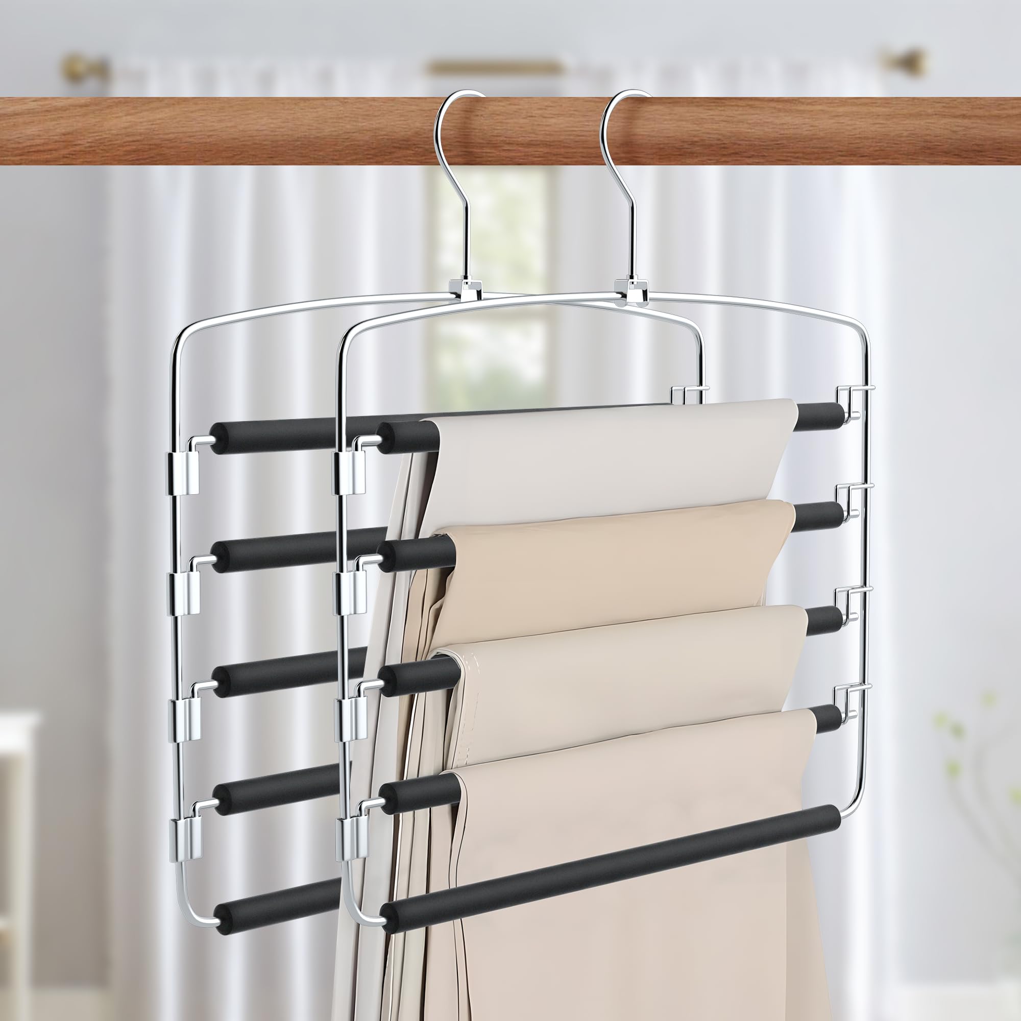 Photo 1 of Cycleacc Pants Hangers Space Saving, 2 Pack Anti-Slip Space Saving Hangers, 5 Layer Swing Arm Pants Hanger Stainless Steel with Non-Slip Padding, Closet Organizers & Storage for Pants Trousers Jeans