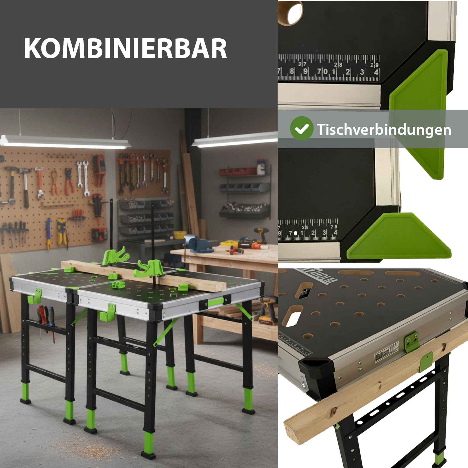 TRUTZHOLM 2 x Werkbank Multifunktionstisch Spanntisch 60 x 85 cm klappbar höhenverstellbar 73–90 cm Arbeitstisch mit Messskala, 450 Kg, 20mm Lochrastersystem, Werkzeugboxen, Schnellspannern