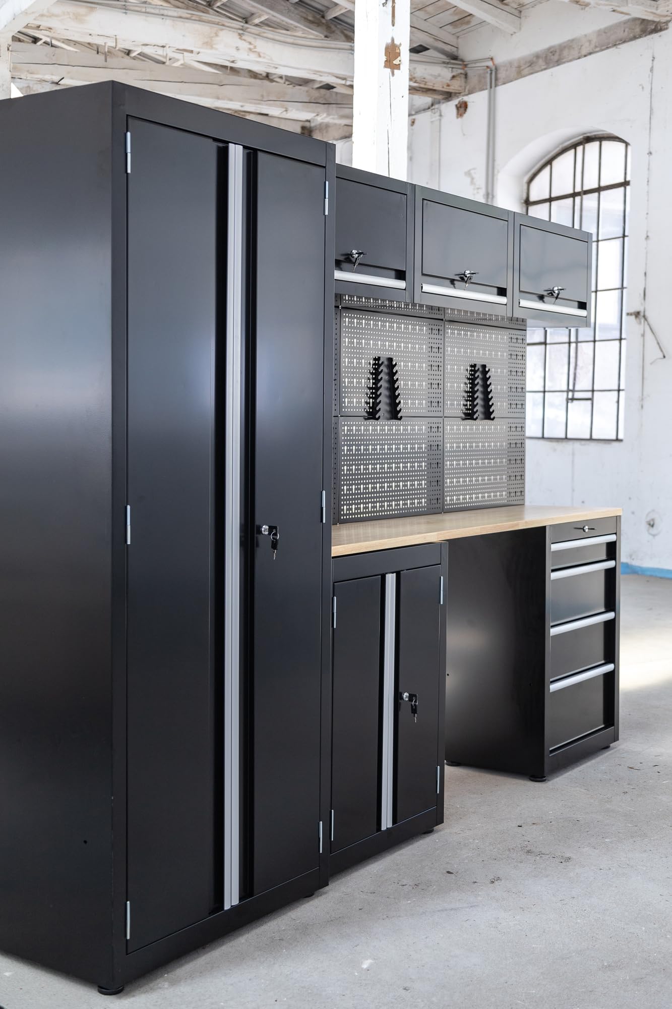 Ondis24 XL Werkstatt Komplett Set 260cm vormontierte Männerküche Werkstattrichtung modular mit Holzarbeitsplatte, Werkzeugschränke, Werkbank mit Schubladen (9 TLG.)