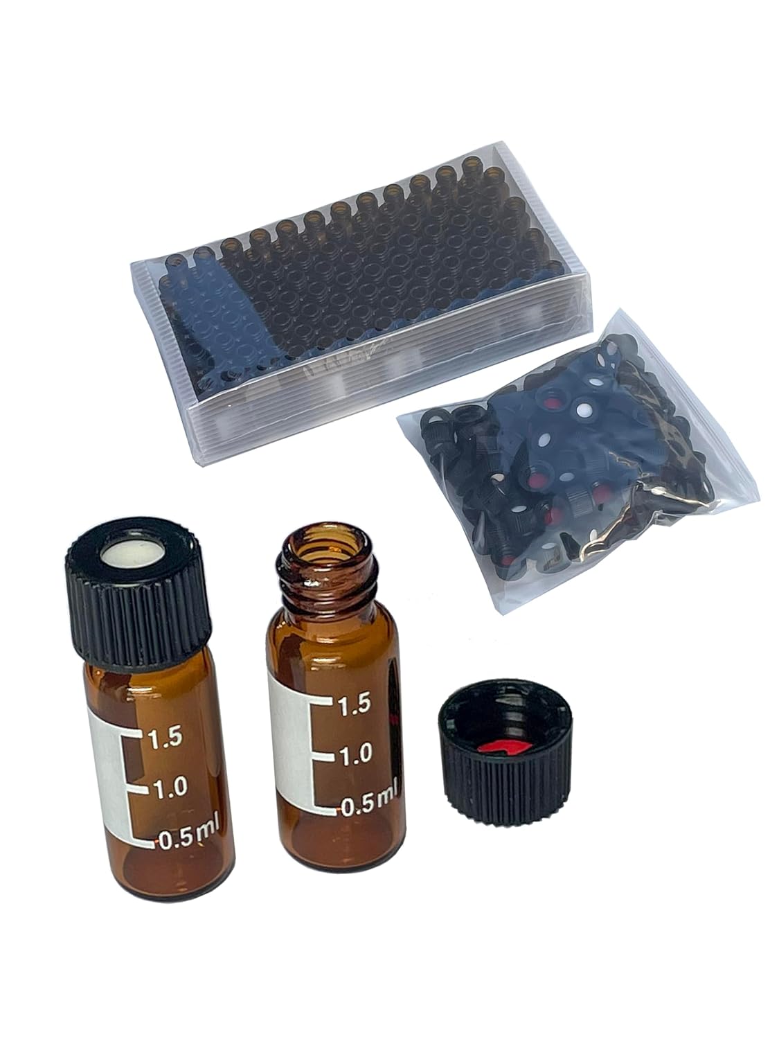 MUHWA 2ml HPLC Vials, 8mm Caliber Lab Autosampler Vials, 8-425 Amber Vial with Writing Area and Graduations, Screw Cap, Red PTFE and White Silicone Septa, 100 Pcs/Pack