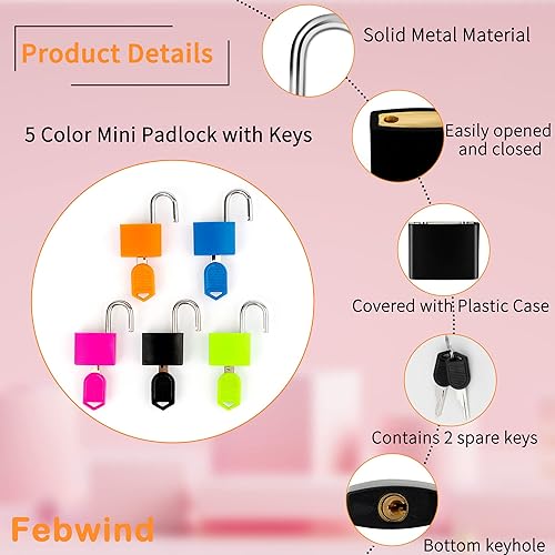 Miniatura 3 de 5 cerraduras de maleta con llaves de cobre para proteger tus pertenencias con el juego de 5 mini candados de Febwind multicolores duraderos para