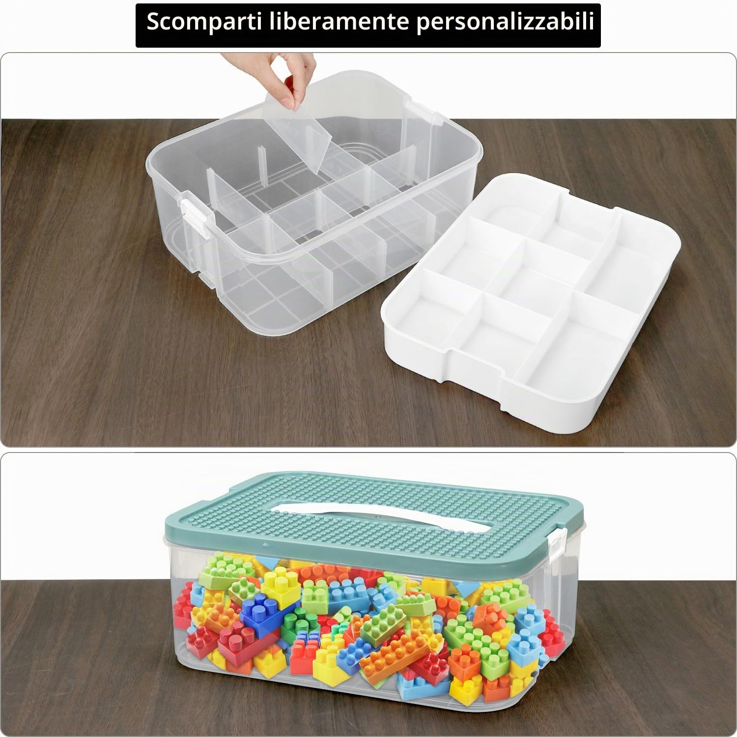 QWORK® Scatola Plastica con Coperchio, 3 Livelli Scatola Portaoggetti Puzzle, Scatole Trasparente con Scomparti Regolabili e Maniglia per Trasporto