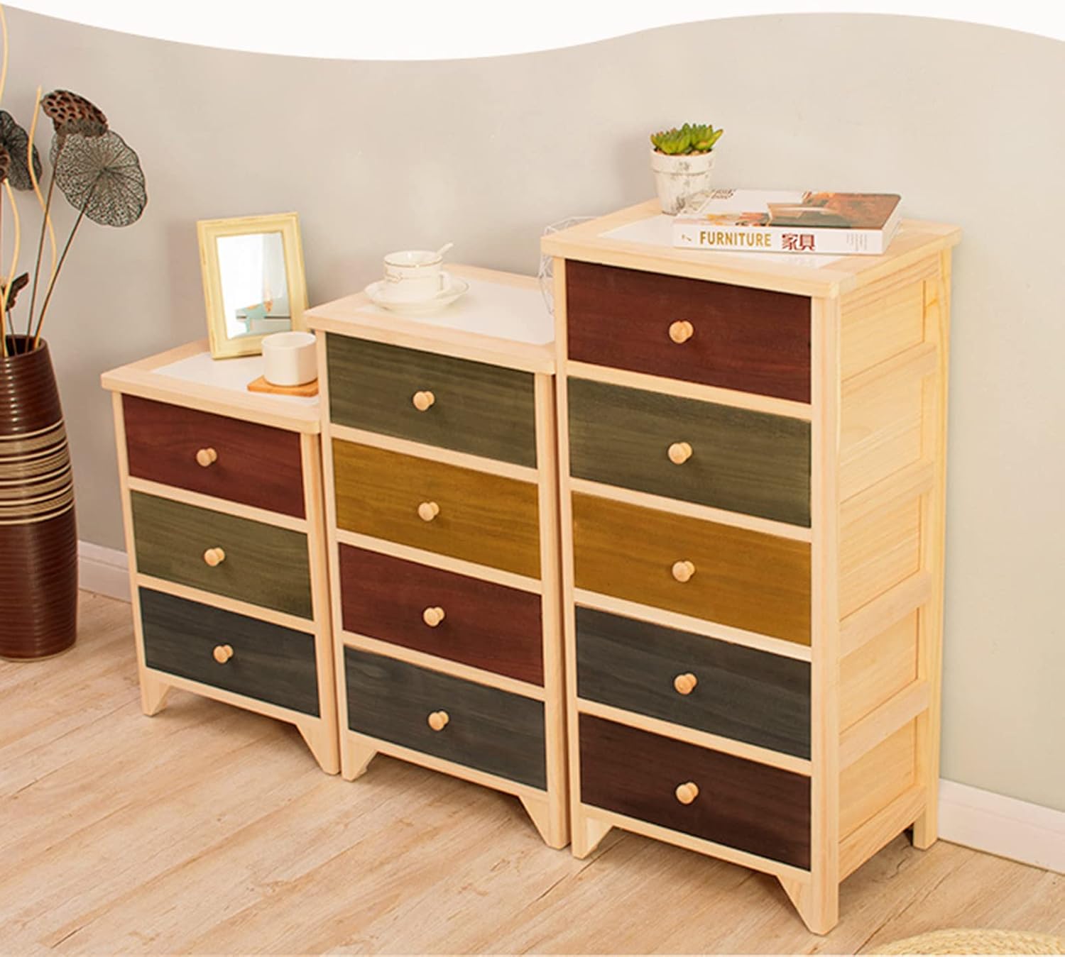 Wooden Colorful Storage Cabinet with 3/4 Storage Drawer Solid Wood Bedside Table for Bedroom Living Room and Hallway Storage Furniture (Color1 40 * 30 * 66cm) image 4