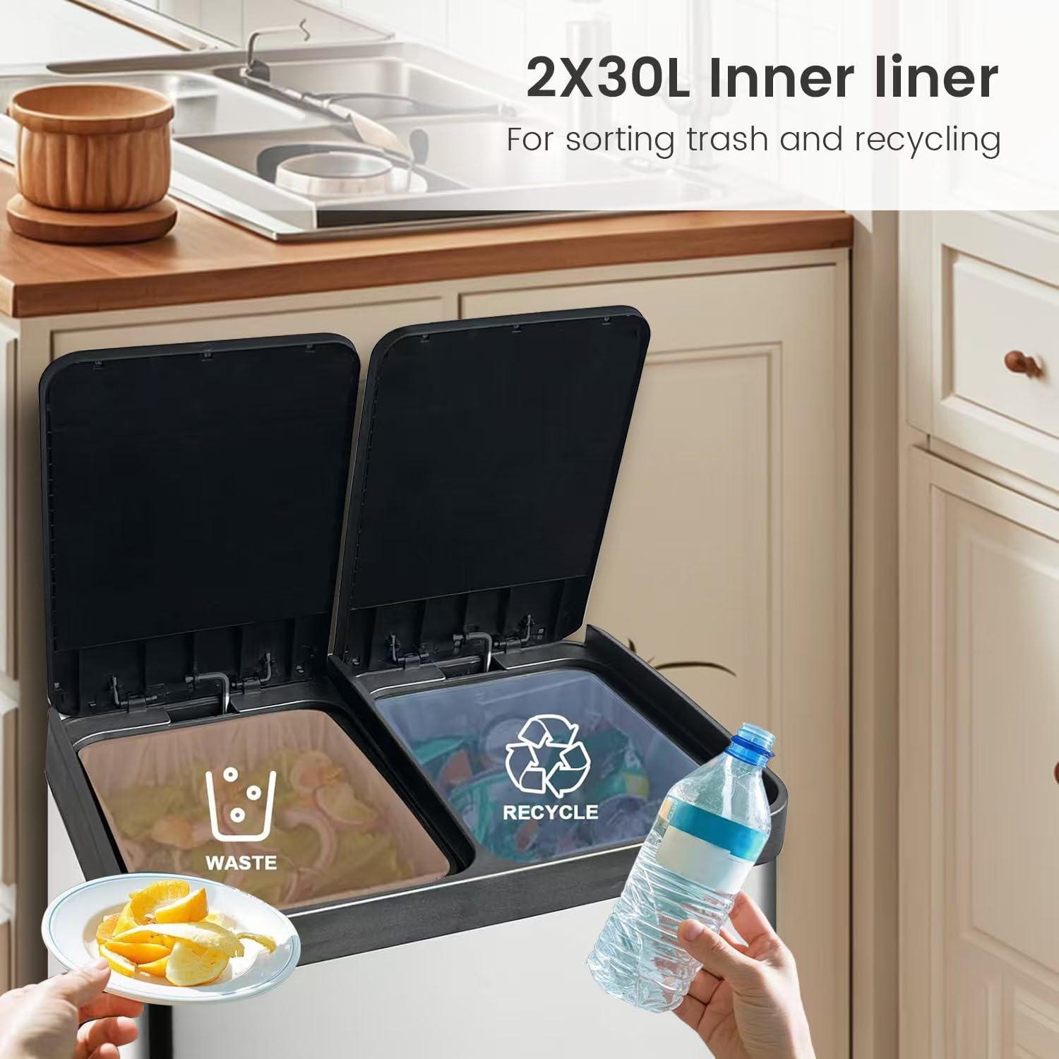 16 Gallon / 60 Liter Dual Compartment Trash and Recycling Bin with Soft-Close Lid, 2 x 8 Gallons Stainless Steel Kitchen Trash Can, Waste Bin for Home, Office, or Outdoor Use