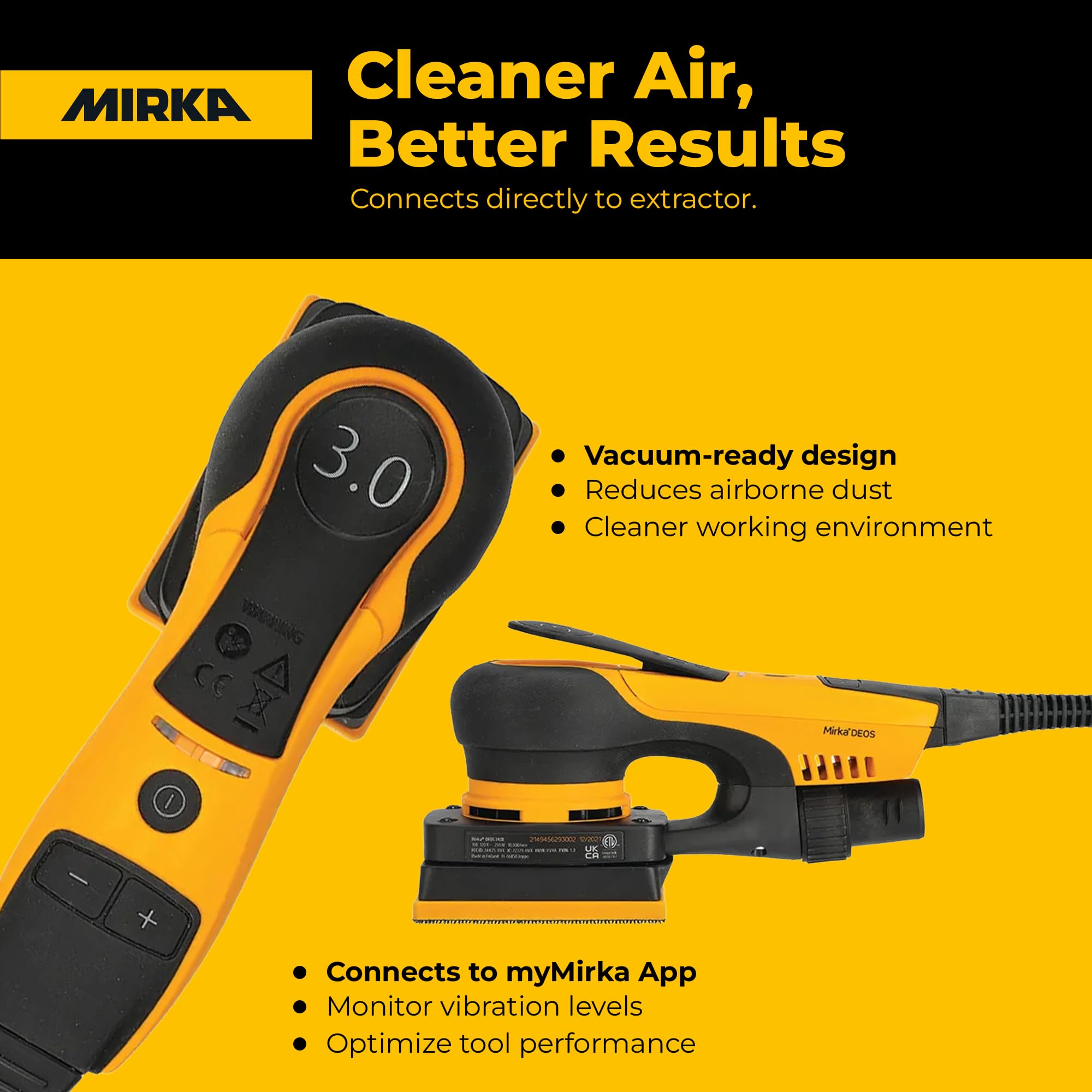 Mirka DEOS - Levigatrice elettrica portatile, compatta 7,6 x 10,2 cm, con orbita da 3 mm, motore senza spazzole, design leggero ed ergonomico, ideale per legno, mobili, finestre e porte, levigatura