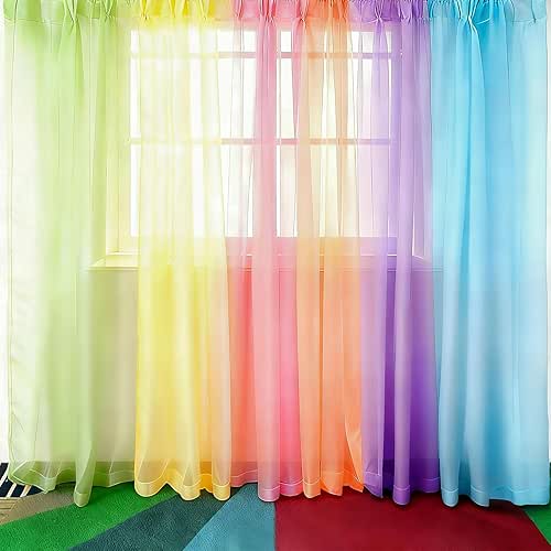 6 Piece Rainbow Sheer Window Panel Pastel Colorful Curtains Set