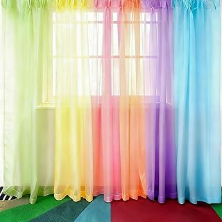 6 Piece Rainbow Sheer Window Panel Pastel Colorful Curtains Set Tulle Ro...