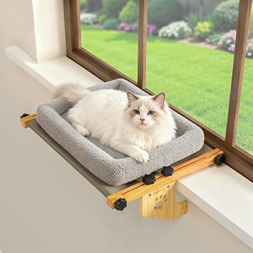 Cat Window Perch with 4-Sided Bolster - Orthopedic Cat Hammock for Window Sill - Solid Hardwood & Metal Frame - Window Seat for Pets Natural Color Wood w/Grey Bed, Medium