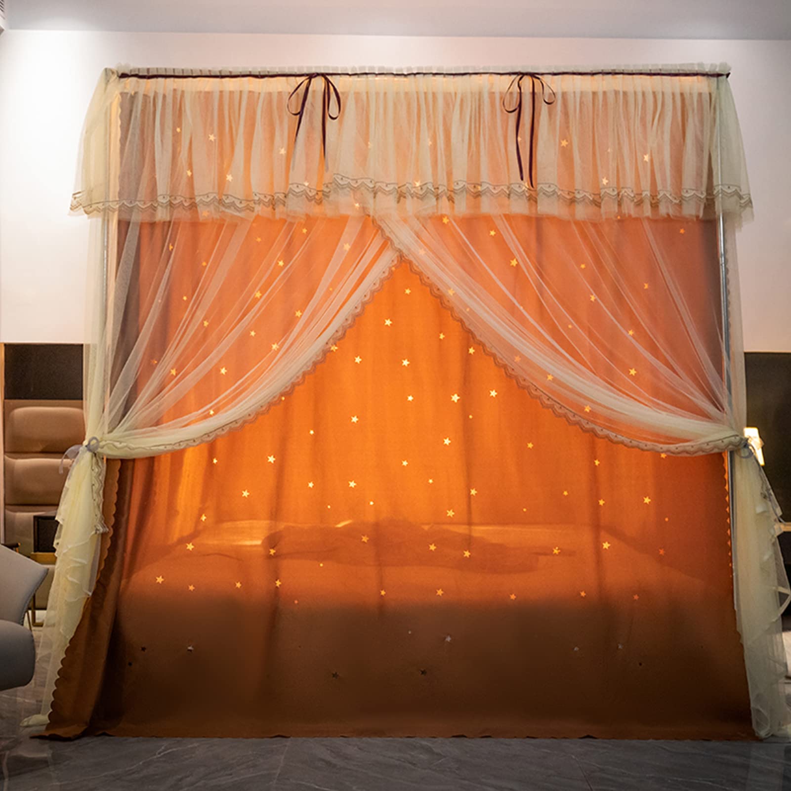 SCMTYWCQ Cute Princess Hollow-Star Design 4 Corner Post Bed Canopy Curtain with Mosquito Net Like Starry Sky for Adults Girls Boys Bed Canopies Child Kids Bed Bedroom Decoration (Khaki-1, King)