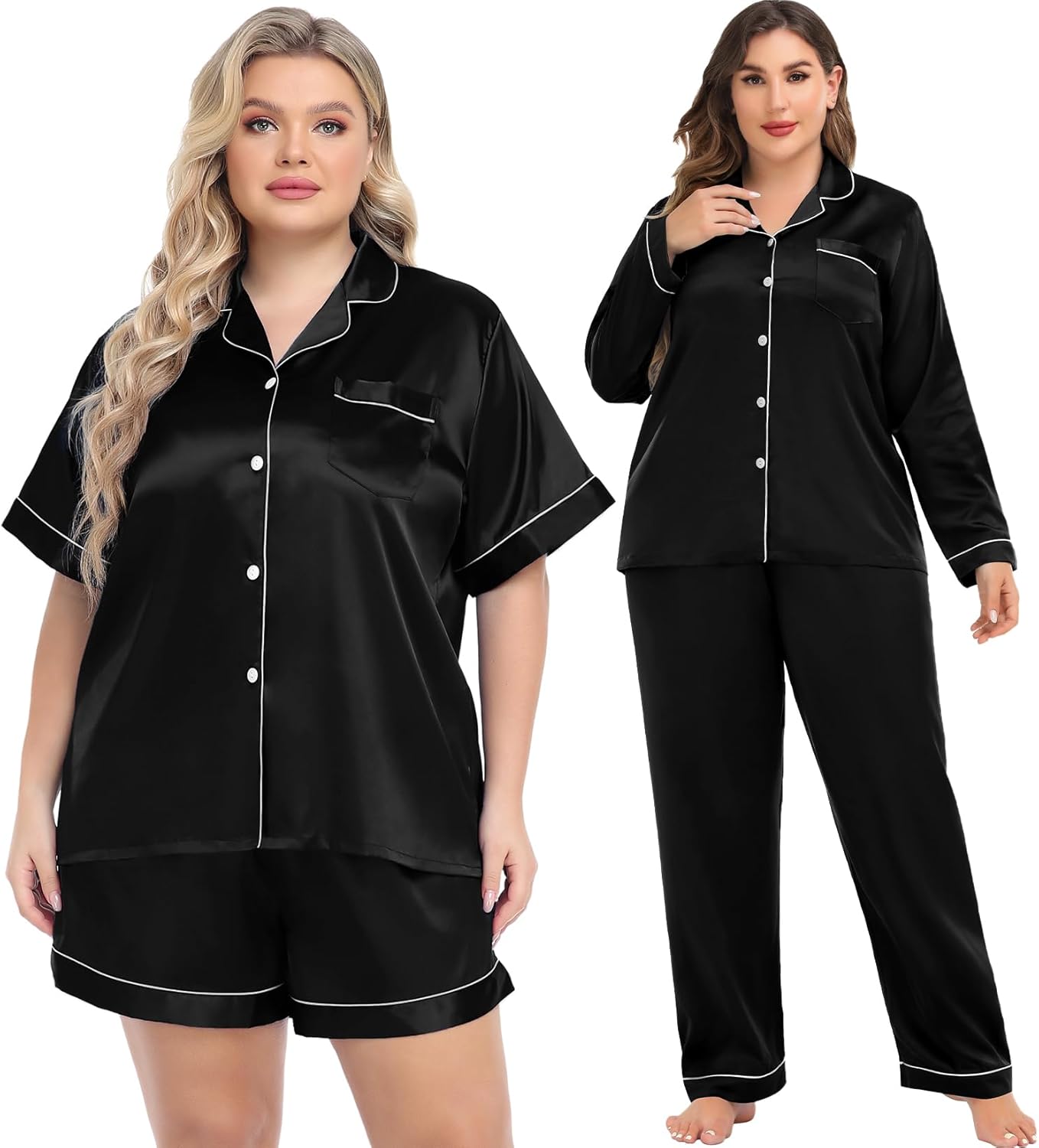 SWOMOG Women's Plus Size Pajamas Silk Satin Pajama Set Short Sleeve Shirt with Full-Length Pants Pjs Sleepwear Set 18W-26W - Image 4