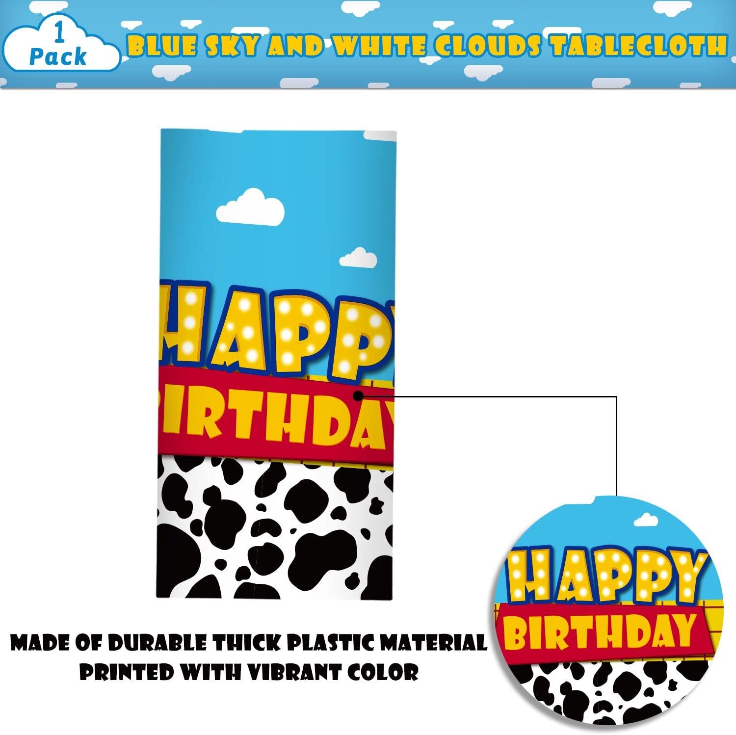 Ragnhild 1 Pack Cow Print Birthday Party Supplies Cow Pattern Printed Table Cover Blue Sky and White Cloud Tablecloths Birthday Party Decoration for Boy Girl Kid Birthday Party Decor 54 x 108 inch image 2