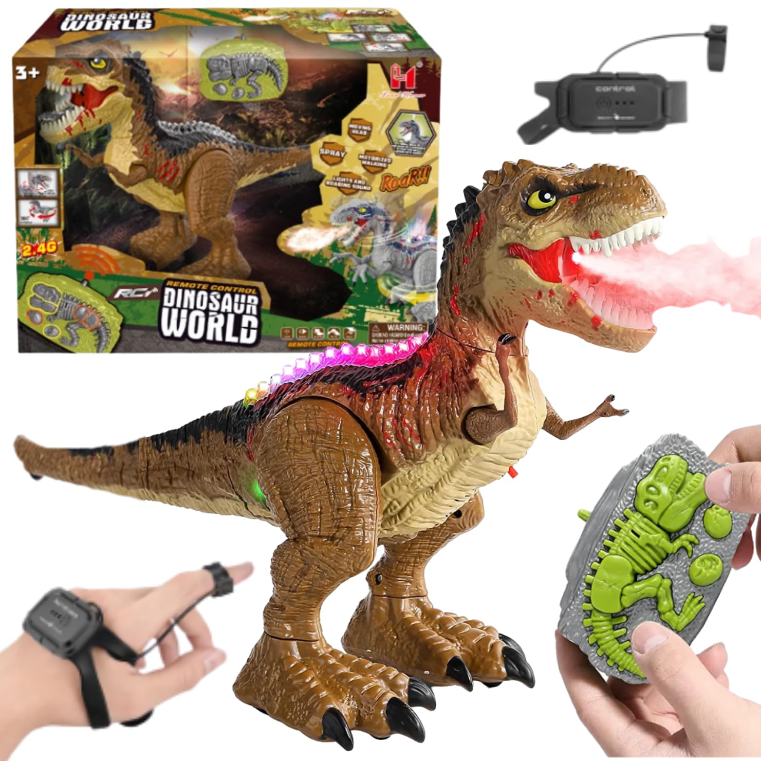 plutofit Remote Control and Hand Gesture Gravity Control 2 in 1 Electric T-rex Dinosaur Robot Toy, 2.4Ghz RC Walking Dinosaur with Rotation Stunt, Smoke Spray with LED Light & Sound, Gifts for Kids