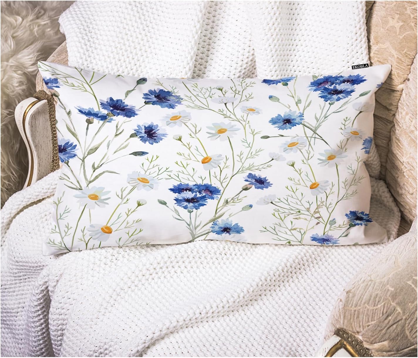 EKOBLA Watercolor Flowers Decorative Pillow Case Throw Pillow Covers Blue Cornflower