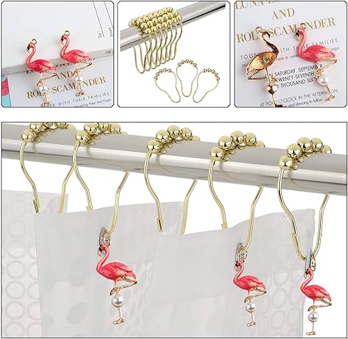 Miniatura 5 de ZILucky Juego de 12 ganchos decorativos de acero inoxidable para cortina de ducha con diseño de flamenco, accesorios de decoración (verde