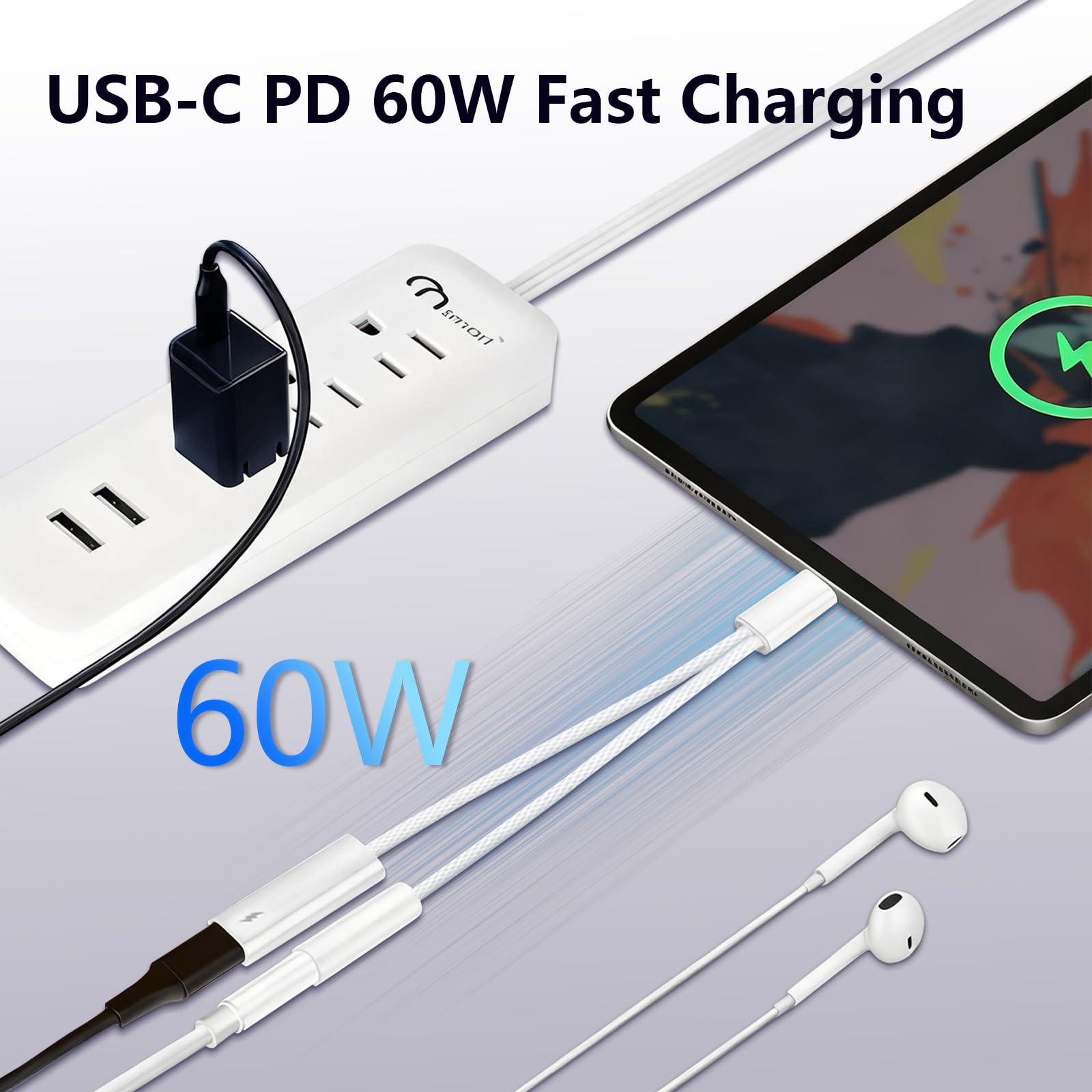 USB C auf 3,5 mm Kopfhörer- und Ladeadapter, 2-in-1 USB Typ C auf AUX-Klinken-Dongle-Kabel mit PD 60 W Schnellladung für iPhone 15, 16, 17 Pro Max Air, Galaxy S23, S24, S25 Ultra, Note 20, iPad Pro (1