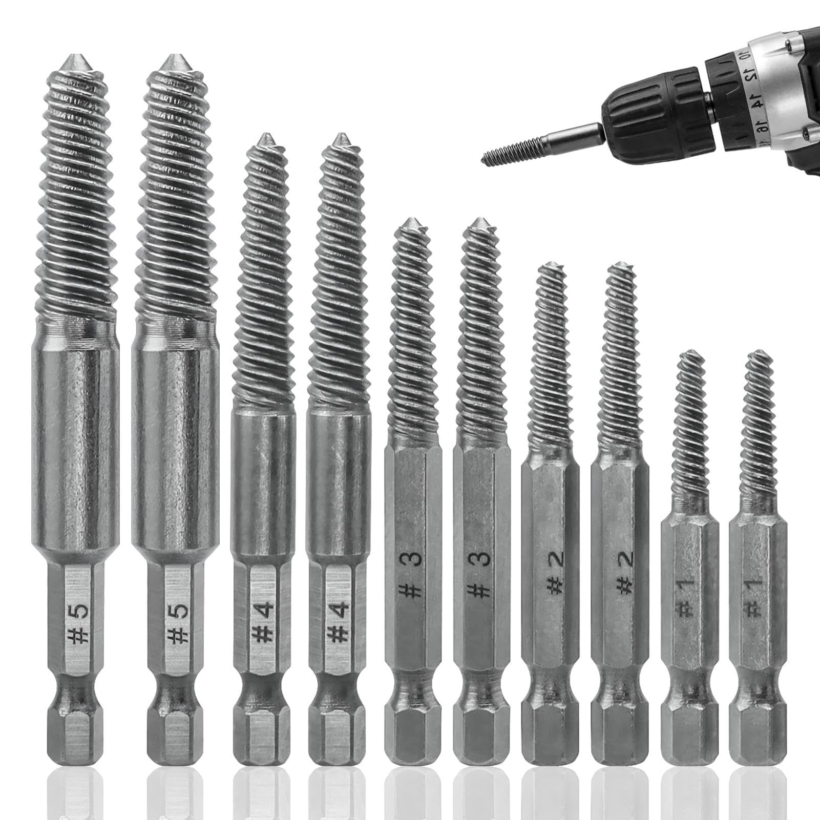 10 Pcs Screw Extractor Drill Bit Set, 1/4" Hex Shank Easy Out Bolt Extractor, Damaged Screw Extractors Set for Broken,Rusty,Aged Stubborn Screws, Studs