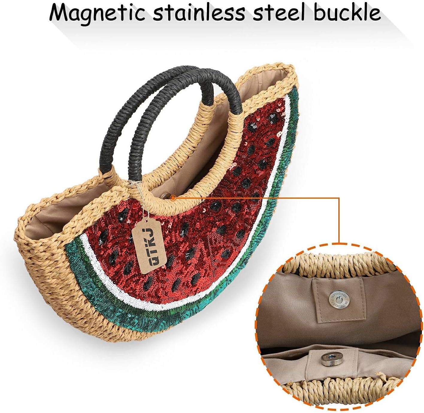 Semi-circle Rattan Straw Handbags, Hand-woven Summer Watermelon Beach Straw Bag with Sequin for Women