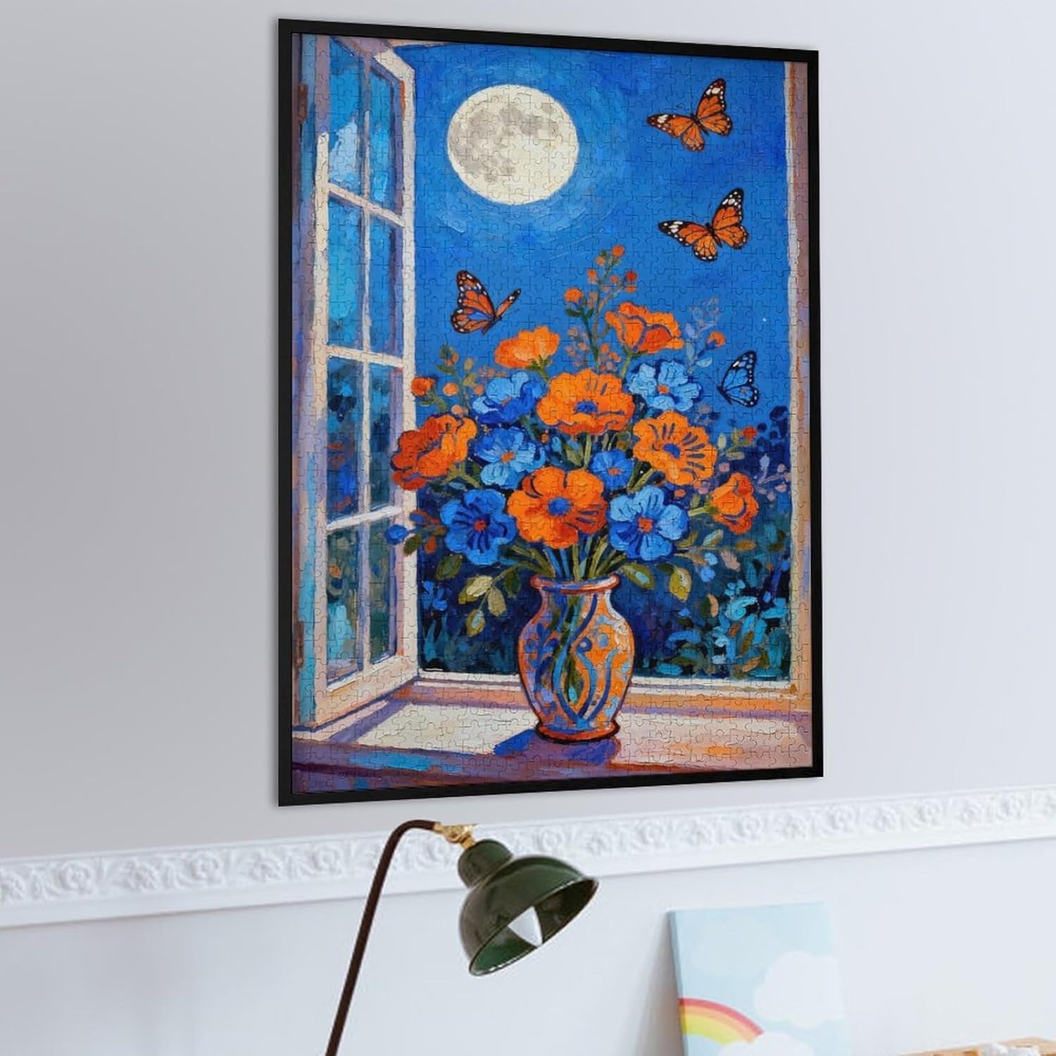1000 Piece Jigsaw Puzzle for Adults 30x20 Inches, Moonlit Window Floral Vase & Butterfly Art, Vibrant Night Garden Design, Stress-Relieving DIY Craft