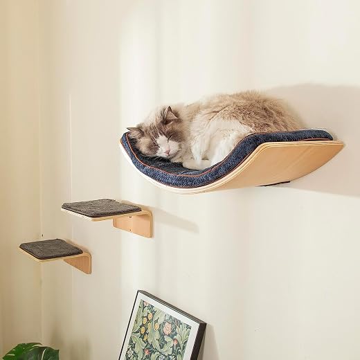 LIORCE Cat Wall Shelf with Two Steps - Curved Cat Shelves and Perches for Wall (Big Size) - Wall Mounted Cat Furniture for...