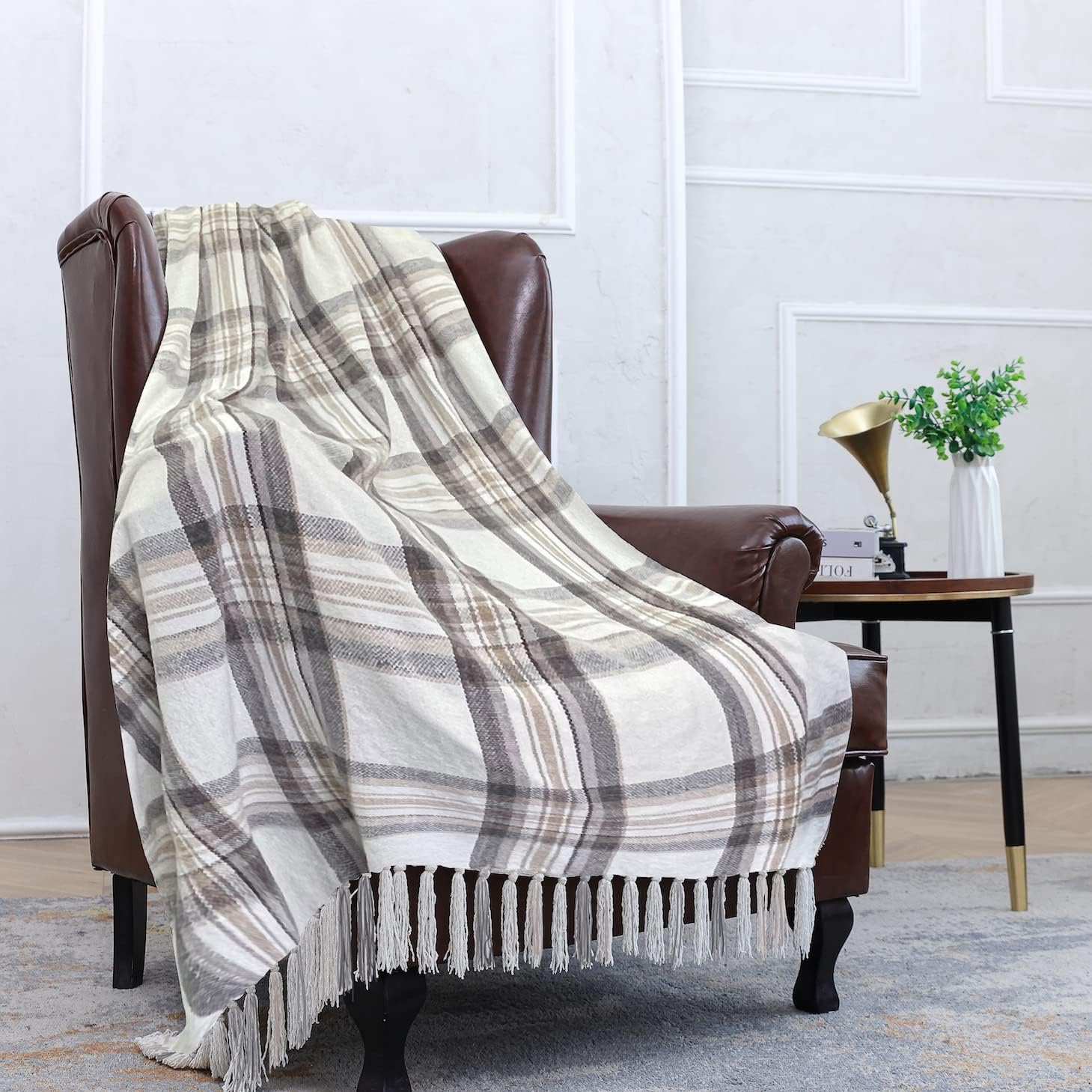 Taupe Grey and White Plaid Decor Tartan Blanket, Lightweight Soft Chenille Striped Knitted Rustic Farmhouse Throw with Tassels for Couch Sofa Chair Bed Office Home, 50" x 60" - Image 4