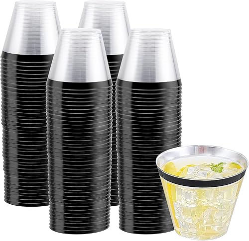 WELLIFE 120 vasos de plástico negros, vasos de cóctel desechables, copas de vino de plástico desechables, vasos transparentes de 9 onzas para fiesta