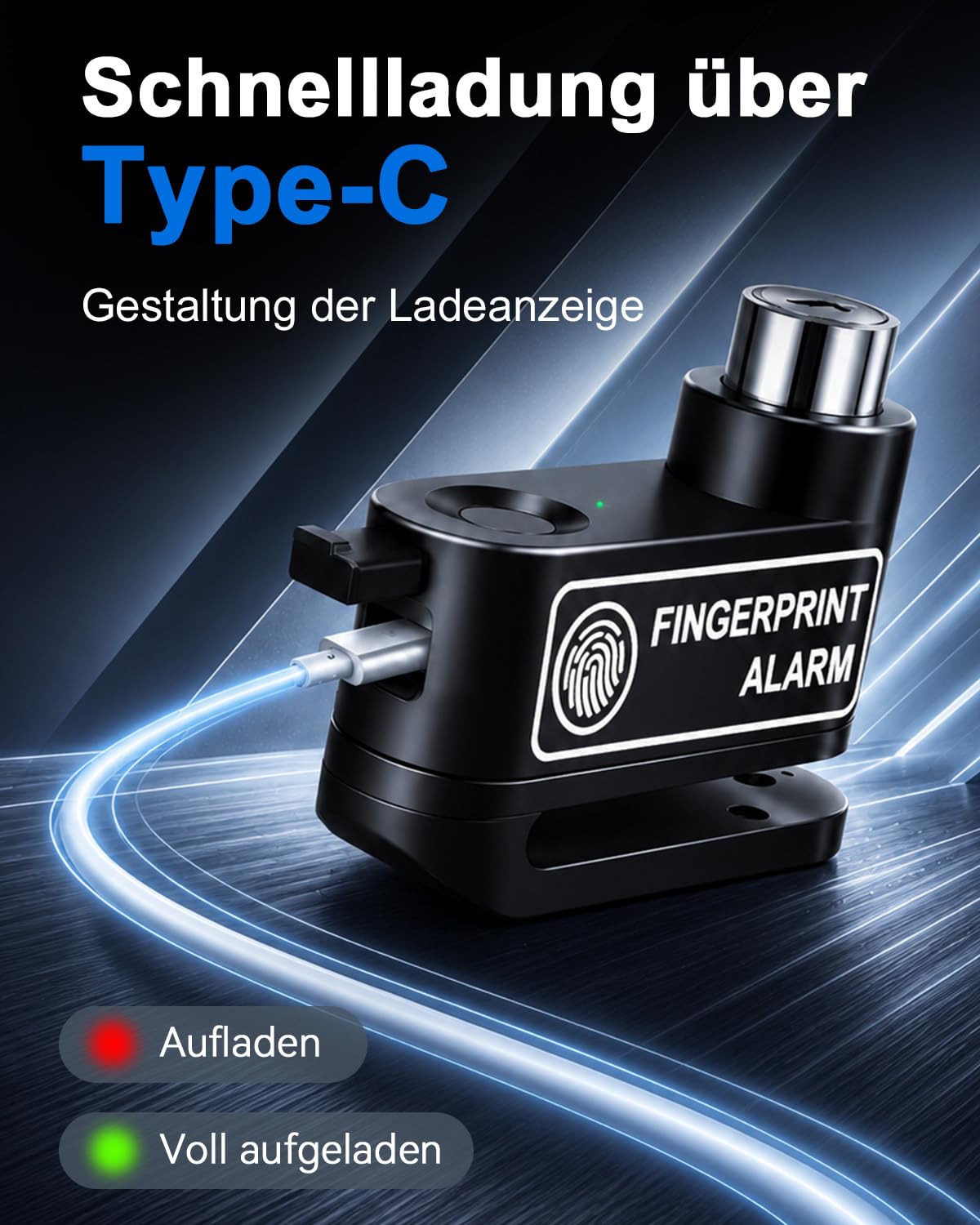 ZEXMTE Fingerabdruck-Motorrad-Alarm-Schloss, 120 dB USB C, wiederaufladbar, Anti-Diebstahl-Alarm, Scheibenbremsschloss