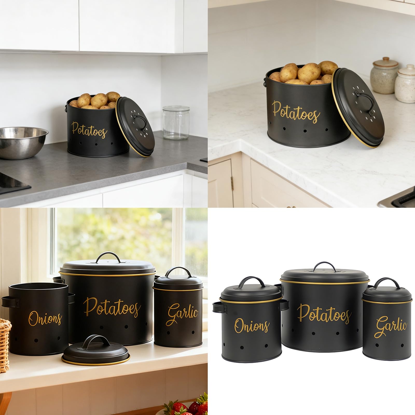 3 contenitori per Patate, cipolle, Aglio, barattoli Metallo, con Coperchio, Contenitore per Verdure da Cucina, per la conservazione degli Alimenti, Set contenitori per Verdure in Metallo